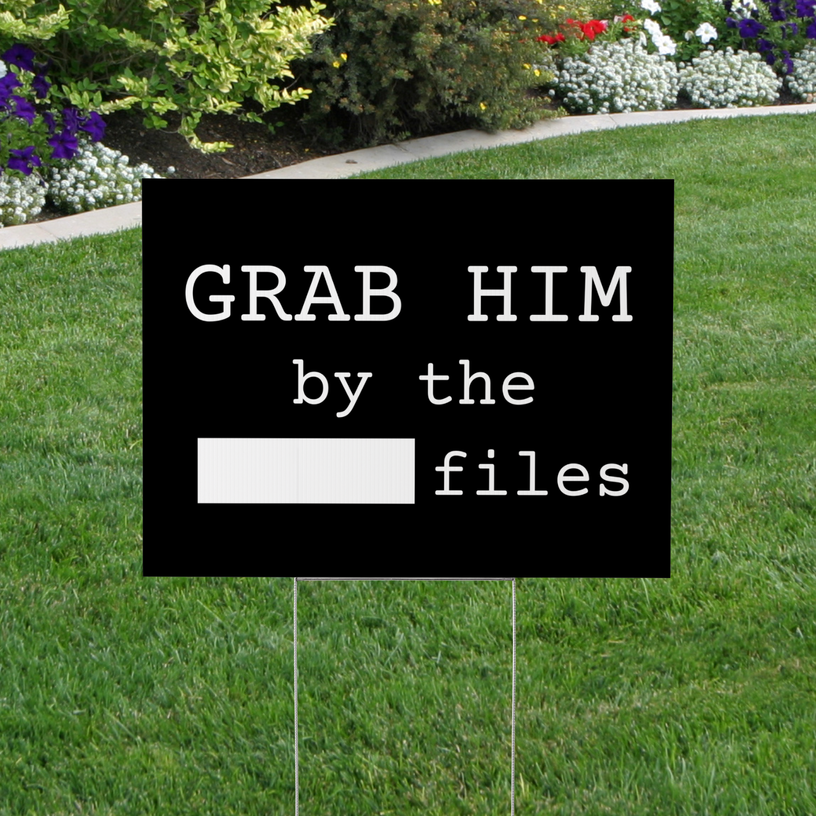Black sign with white text 'GRAB HIM by the files' on a grassy lawn.