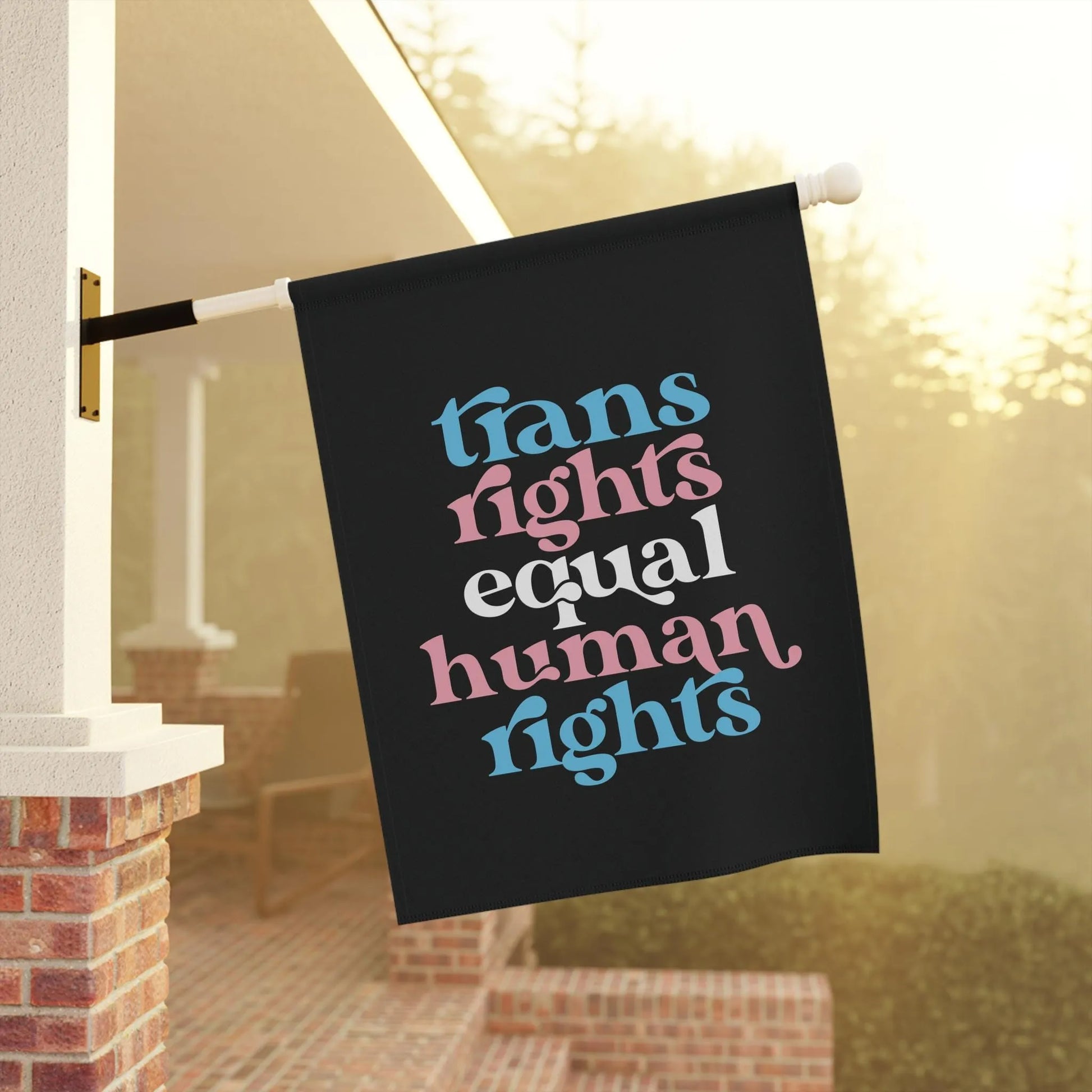 trans rights equal human rights house flag.  black background with modern retro font in light blue, pink and white.
