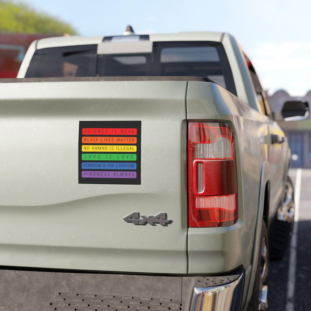 Social Justice Bumper Magnet | Rainbow Activism Car Sticker | Science, BLM, Love, Equality