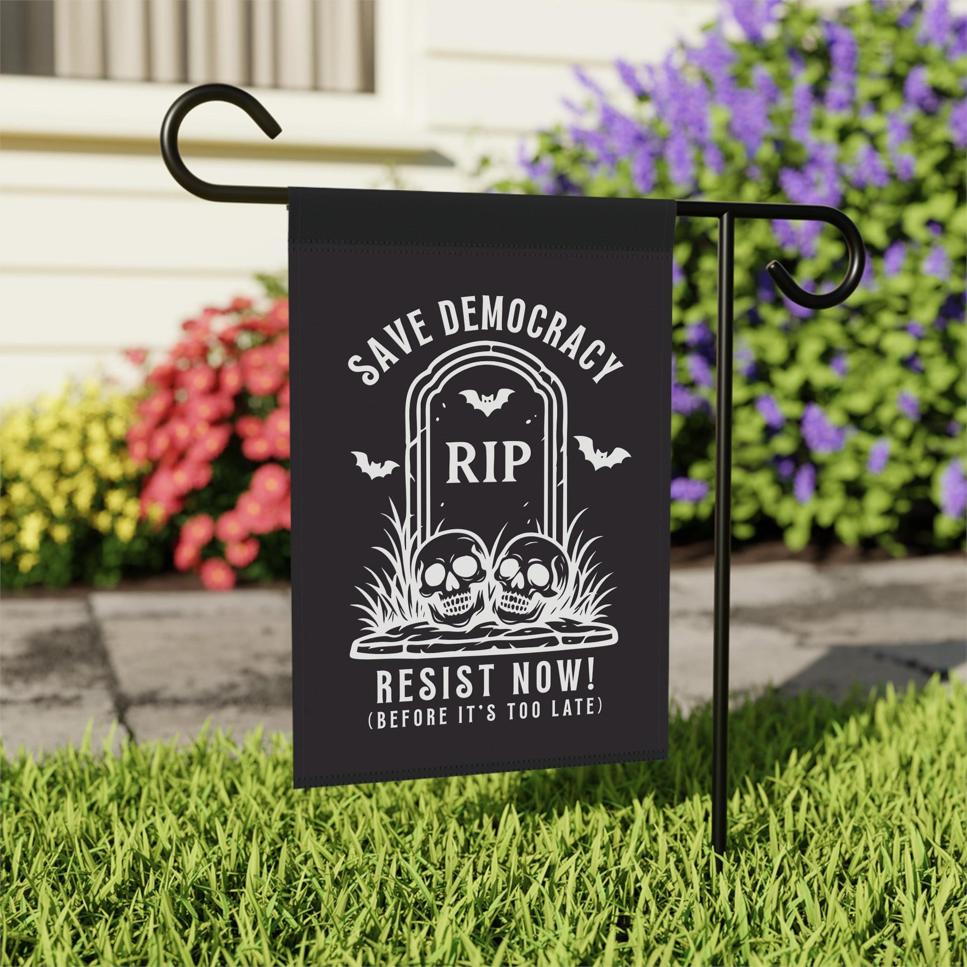 Halloween Democracy Flag, Save Democracy Resist Now Garden Flag, RIP Tombstone Political House Banner with Skulls