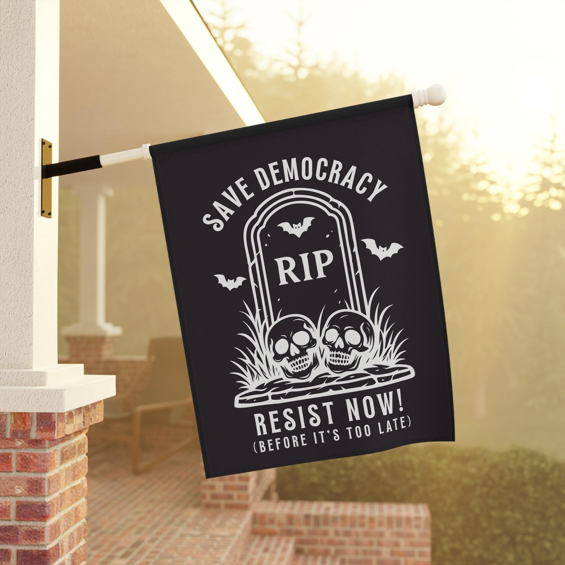 Halloween Democracy Flag, Save Democracy Resist Now Garden Flag, RIP Tombstone Political House Banner with Skulls