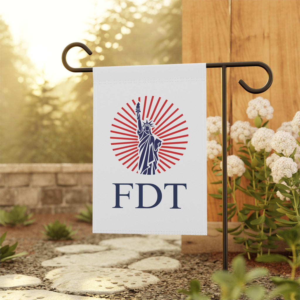 FDT garden flag design with Statue of Liberty, red sunburst background, and bold navy text