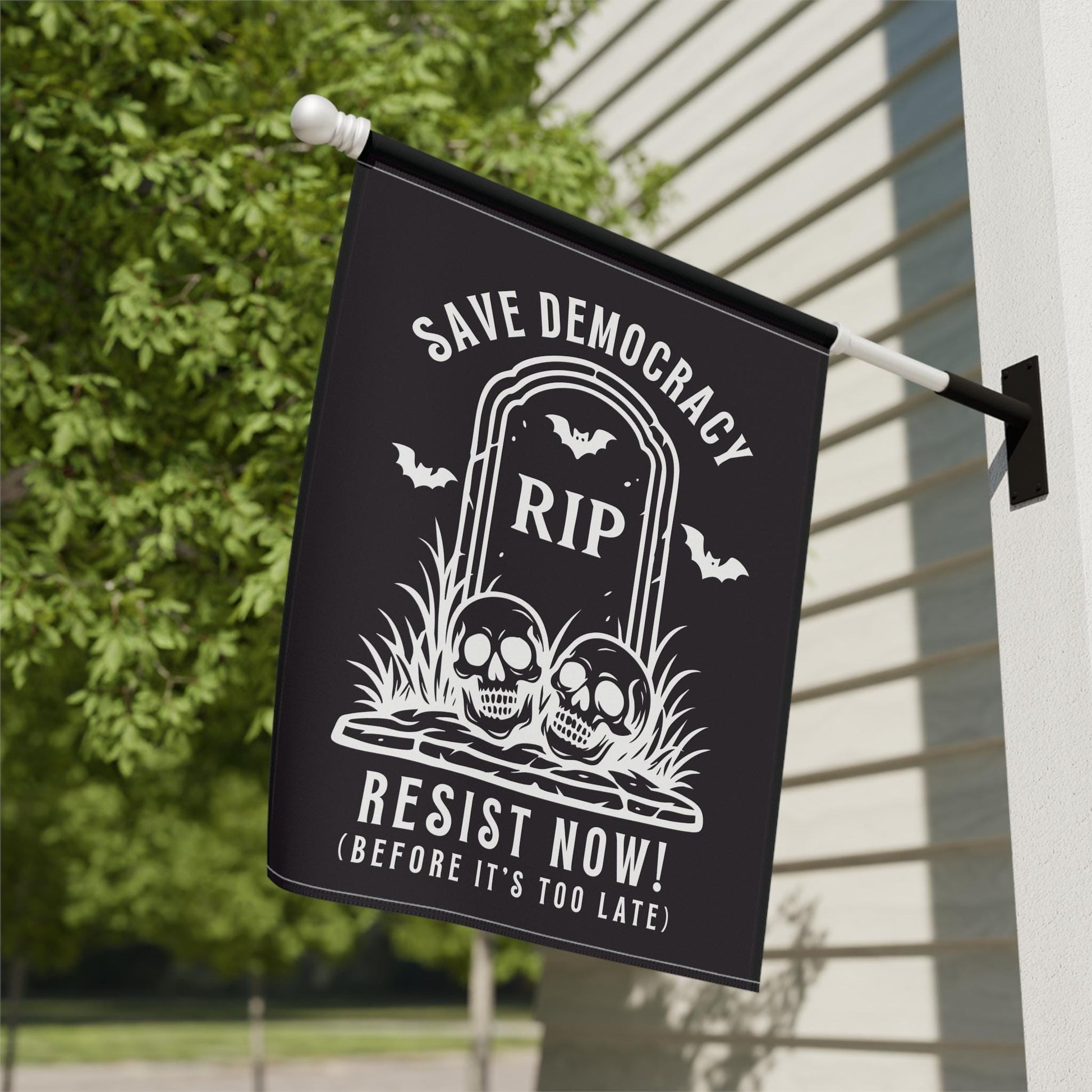 Halloween Democracy Flag, Save Democracy Resist Now Garden Flag, RIP Tombstone Political House Banner with Skulls